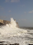 SX10162 Big wave onto lighthouse on harbour wall at Porthcawl point.jpg